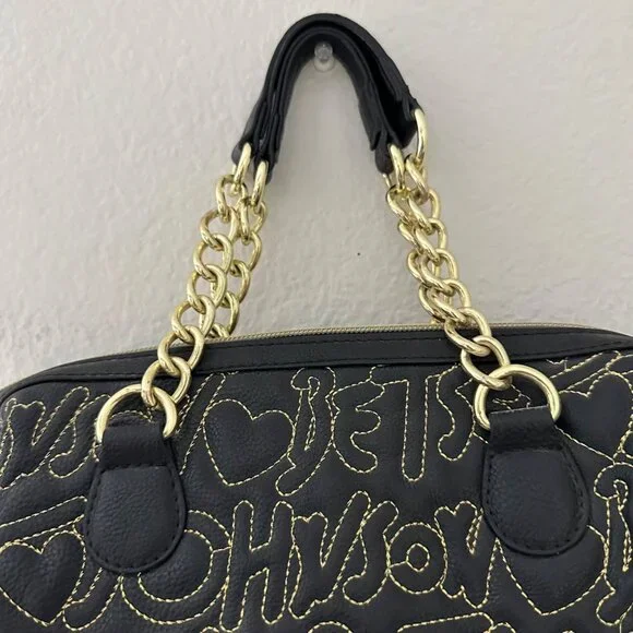 Betsey Johnson Handbag Logo Quilted Be Mine Gold Chain Straps Black O/S - Picture 8 of 13